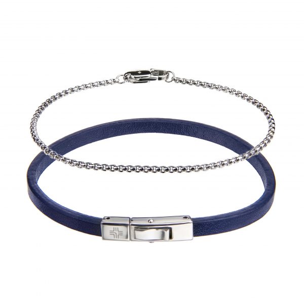 Gift set Dark blue/Silver Genuine leather/Stainless steel