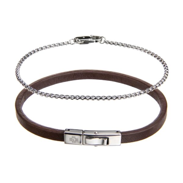 Gift set Dark brown/Silver Genuine leather/Stainless steel