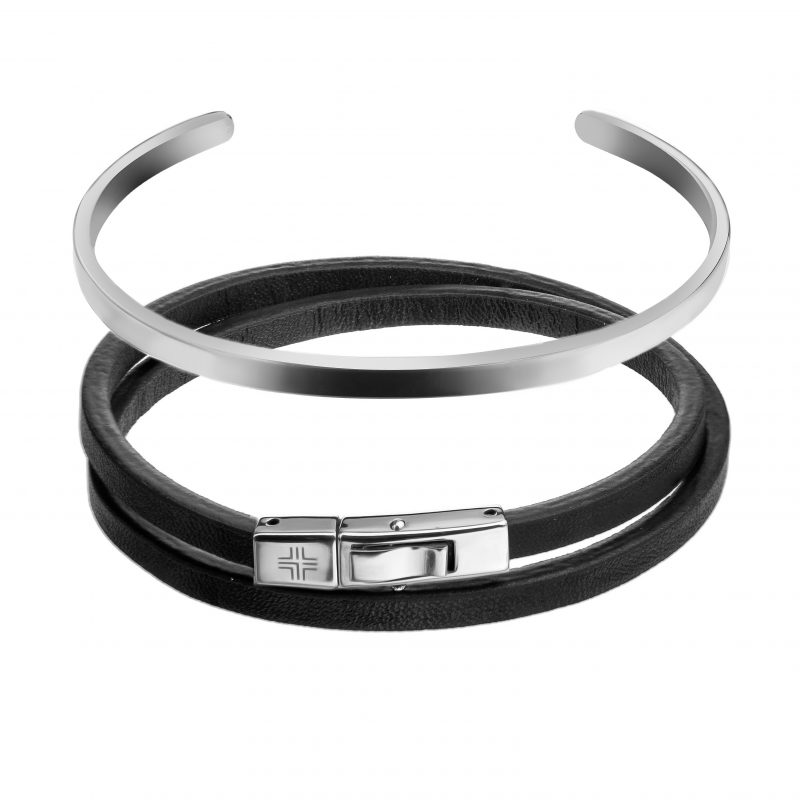 Gift set Black/Silver Genuine leather/Stainless steel