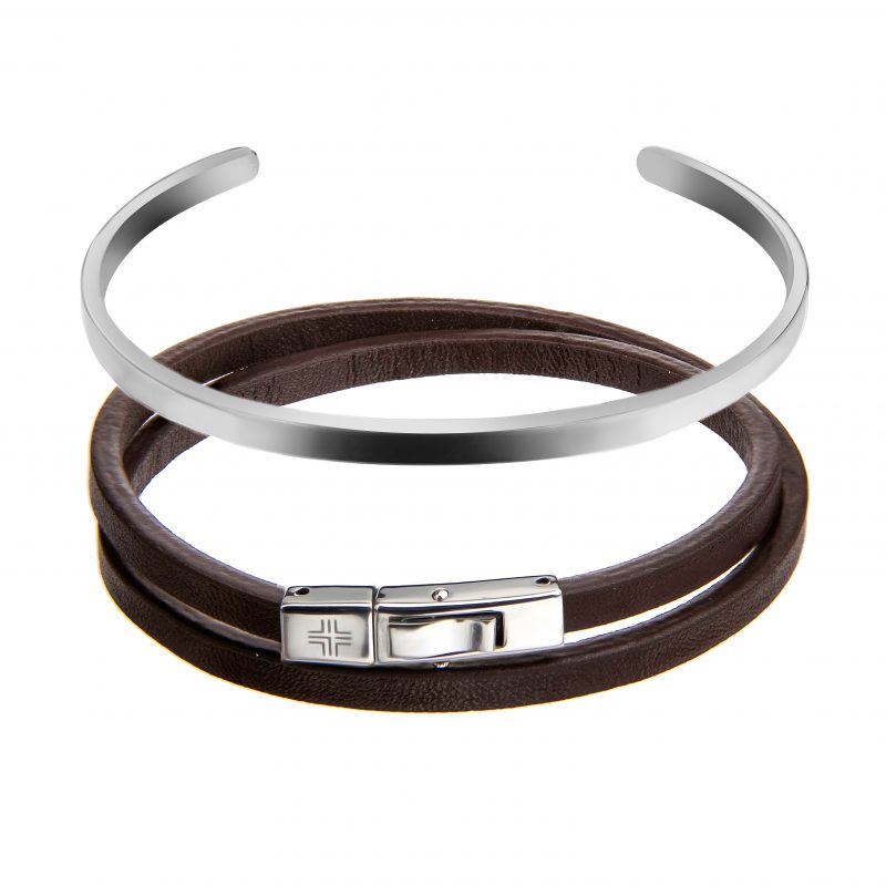 Gift set Dark brown/Silver Genuine leather/Stainless steel