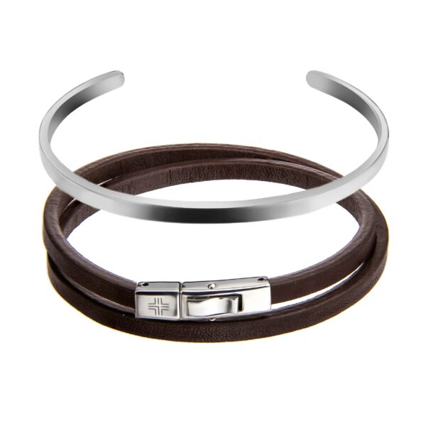 Gift set Dark brown/Silver Genuine leather/Stainless steel